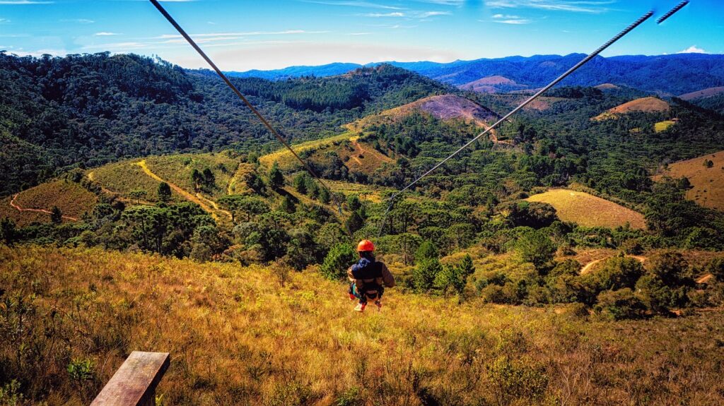 zipline, mountain, hill, forest, adventure, adrenaline, trees, blue sky, horizon, nature, clouds, landscape, sky, brazil, visual, radical, perspective, blue, single track, sport, tropical vegetation, são paulo, serra, trail, vacation, vegetation, green, mountaineering, landscapes, sun, botanist, jordan fields